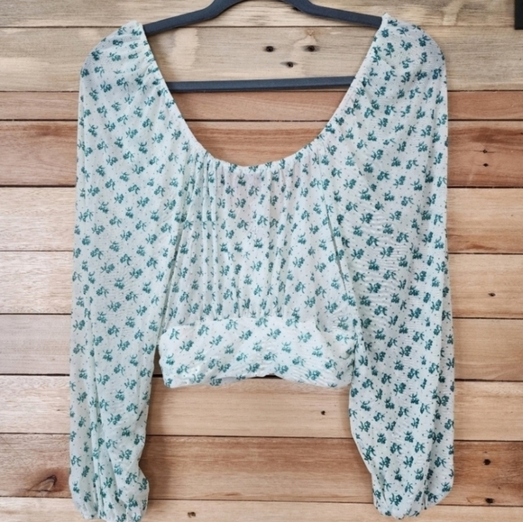 Free people Cream combo Sweetie Pie Floral Sheer Surplice Green Top Blouse boho - Picture 10 of 14